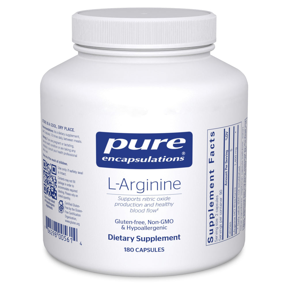 Pure Encapsulations L-Arginine 1400 mg bottle with label, highlighting potency and purity