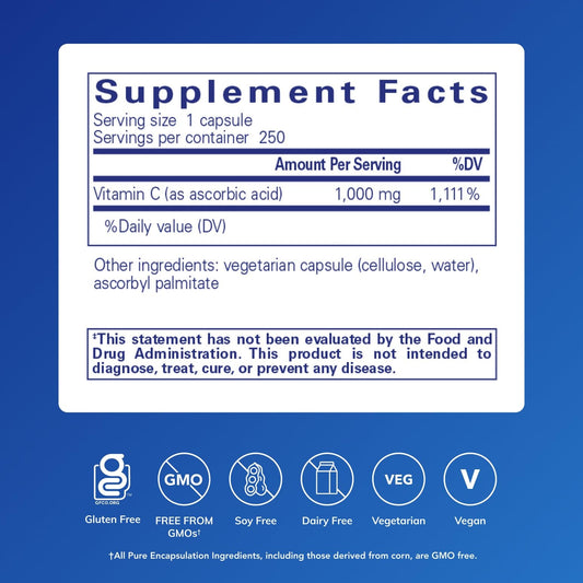 Pure Encapsulations Ascorbic Acid Capsules close-up, high-potency vitamin C for daily antioxidant support