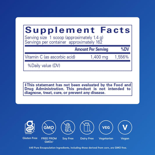 Pouring Pure Encapsulations Ascorbic Acid Powder for easy vitamin C intake.
