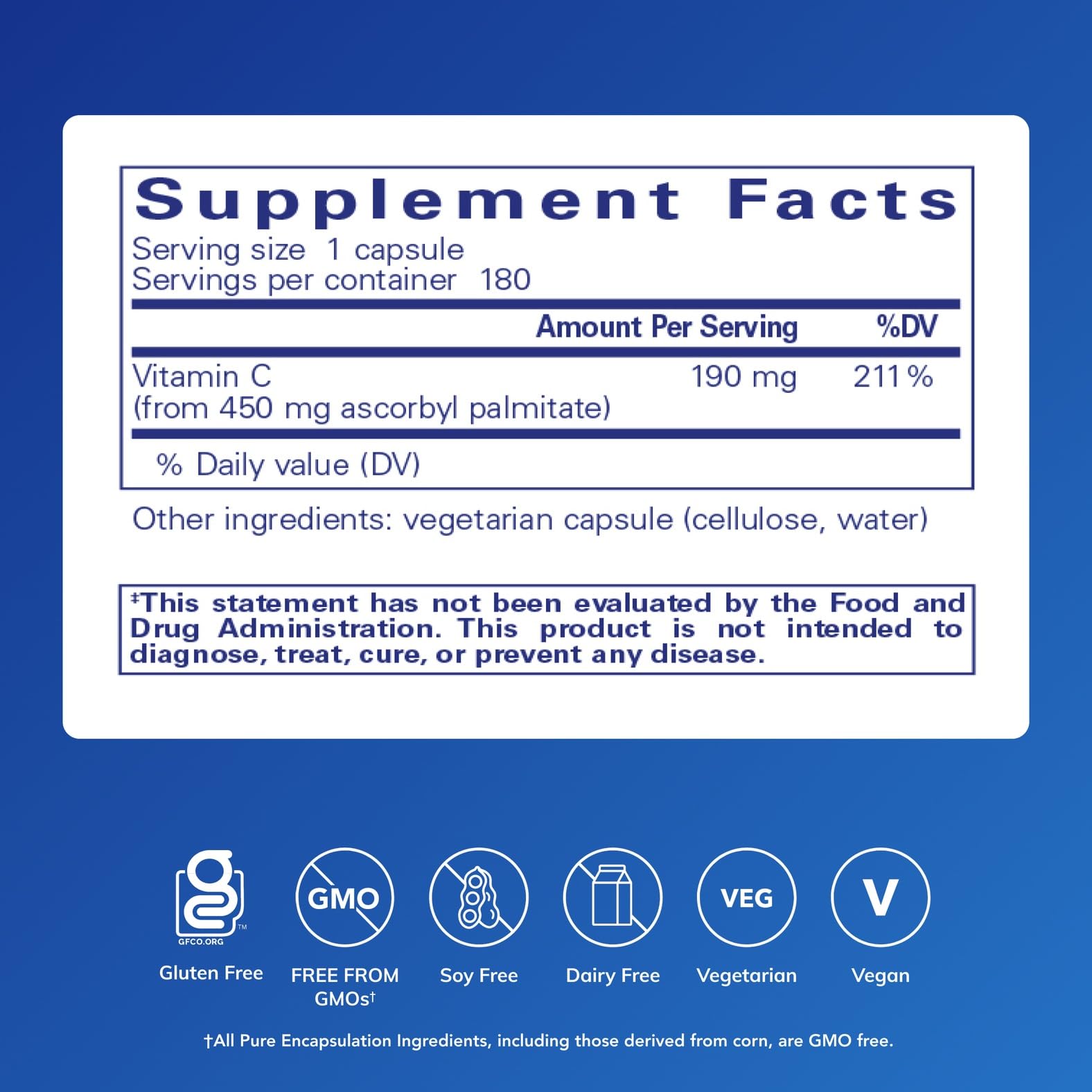 Pure Encapsulations Ascorbyl Palmitate bottle back with ingredients and purity information