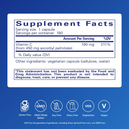 Pure Encapsulations Ascorbyl Palmitate bottle back with ingredients and purity information