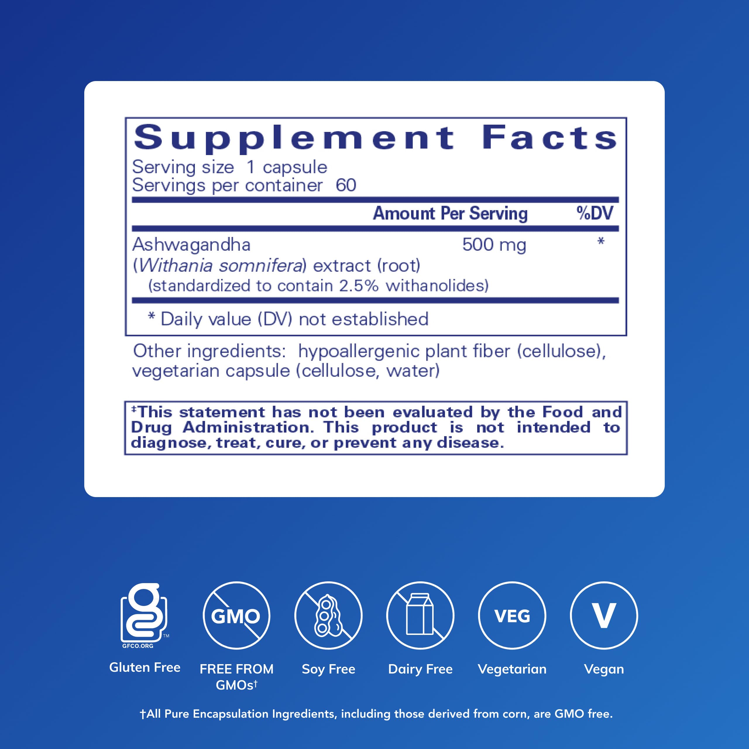 Pure Encapsulations Ashwagandha label closeup highlighting non-GMO vegan formula