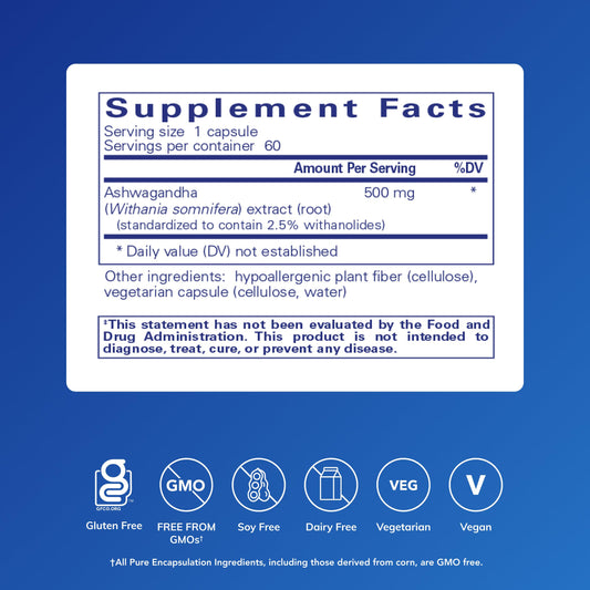 Pure Encapsulations Ashwagandha label closeup highlighting non-GMO vegan formula