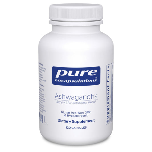 Pure Encapsulations Ashwagandha bottle with 500 mg capsules for daily support