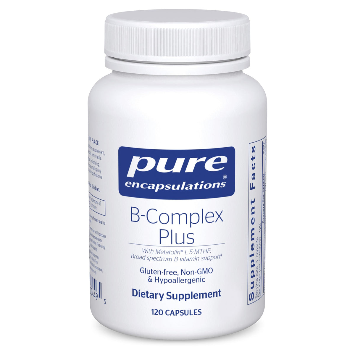 Pure Encapsulations B-Complex Plus bottle front showing label and brand name for nervous system support.