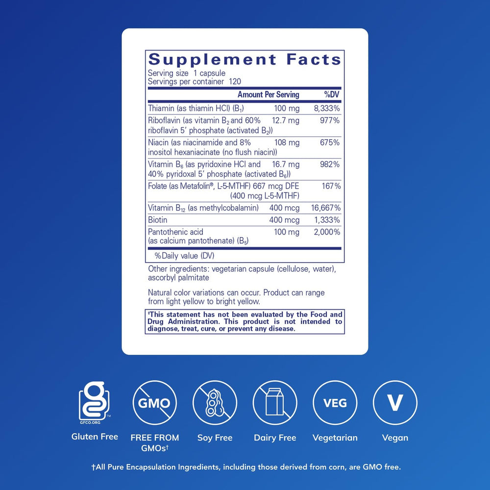 Close-up of the B-Complex Plus label highlighting Metafolin L-5-MTHF and B12 benefits.