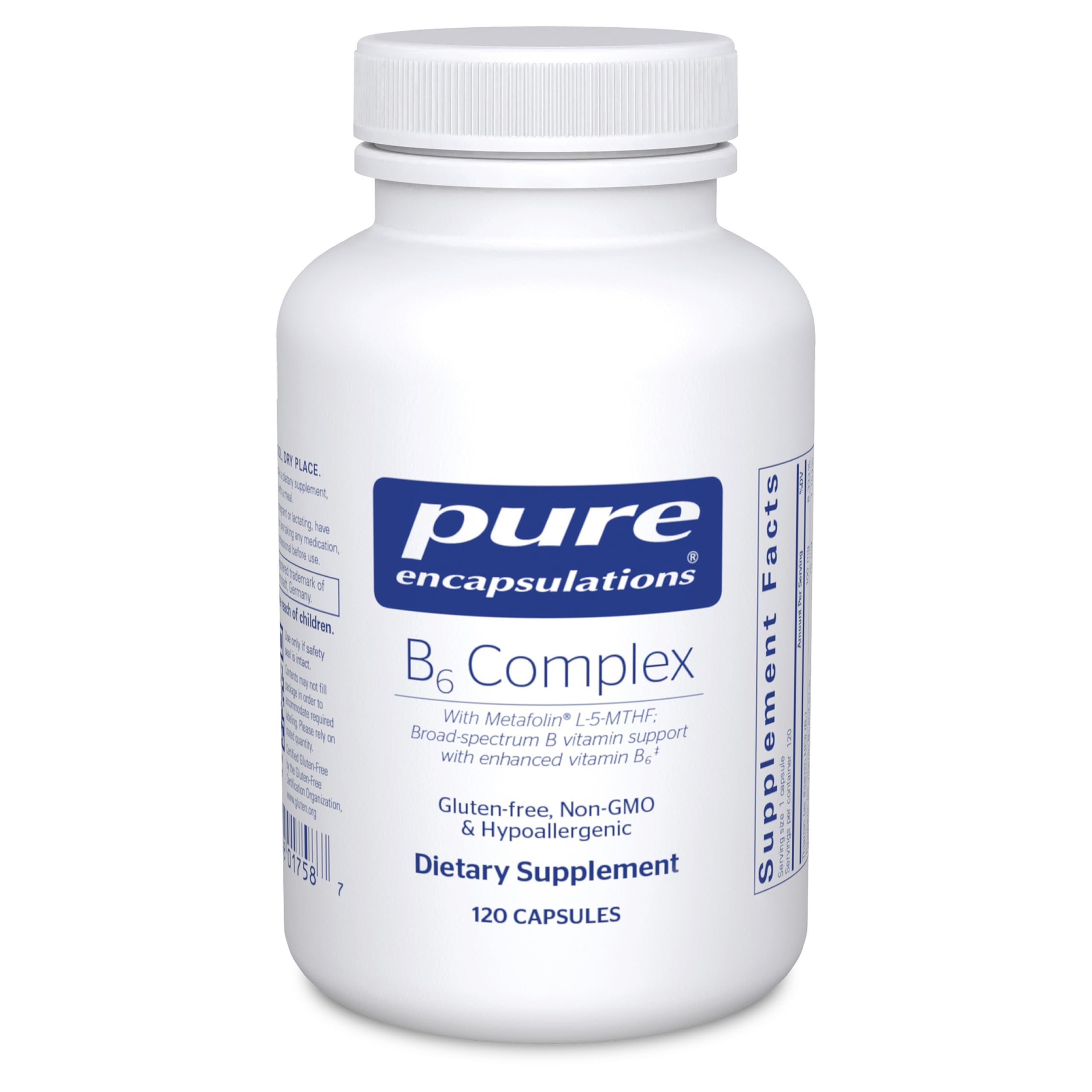 Pure Encapsulations B6 Complex bottle, high-potency B vitamins for daily nervous system nutrition.