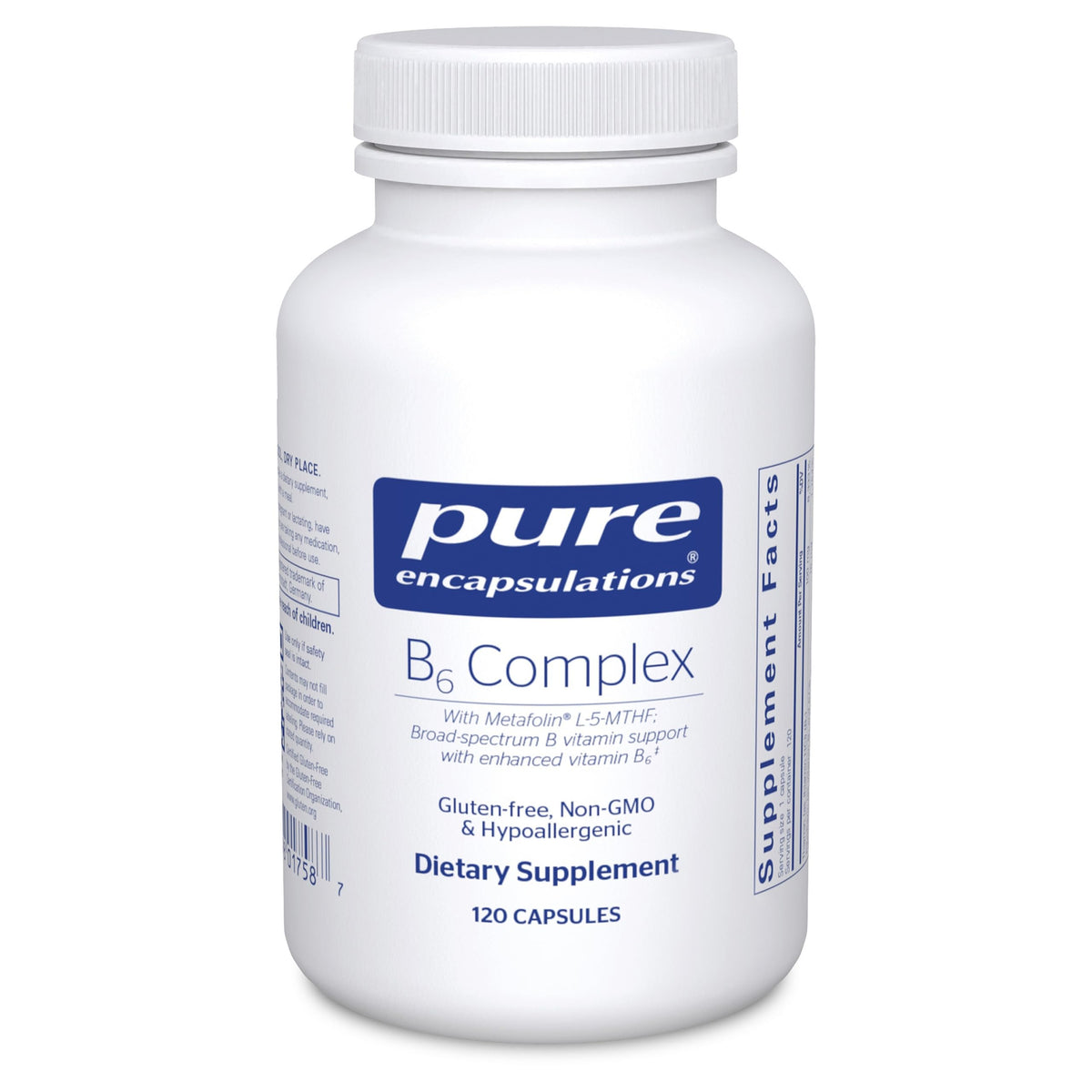 Pure Encapsulations B6 Complex bottle, high-potency B vitamins for daily nervous system nutrition.