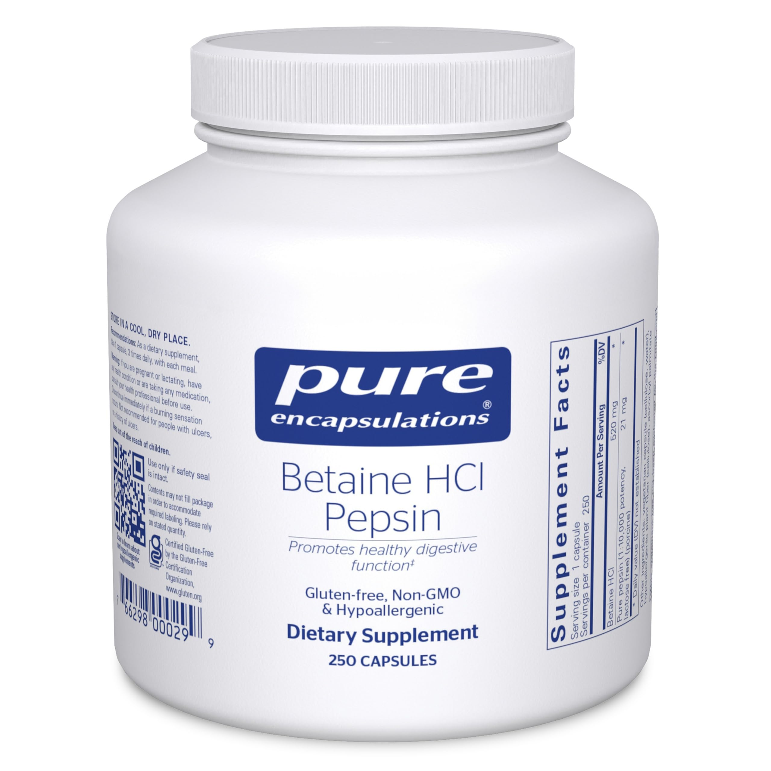 Pure Encapsulations Betaine HCl Pepsin bottle front view for digestion support