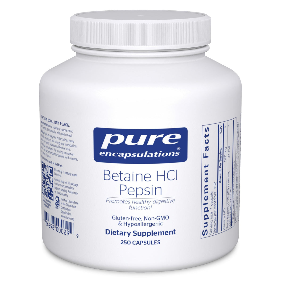 Pure Encapsulations Betaine HCl Pepsin bottle front view for digestion support