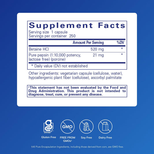 Pure Encapsulations Betaine HCl Pepsin label close-up highlighting nutrient absorption potential