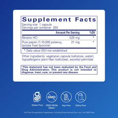 Pure Encapsulations Betaine HCl Pepsin label close-up highlighting nutrient absorption potential