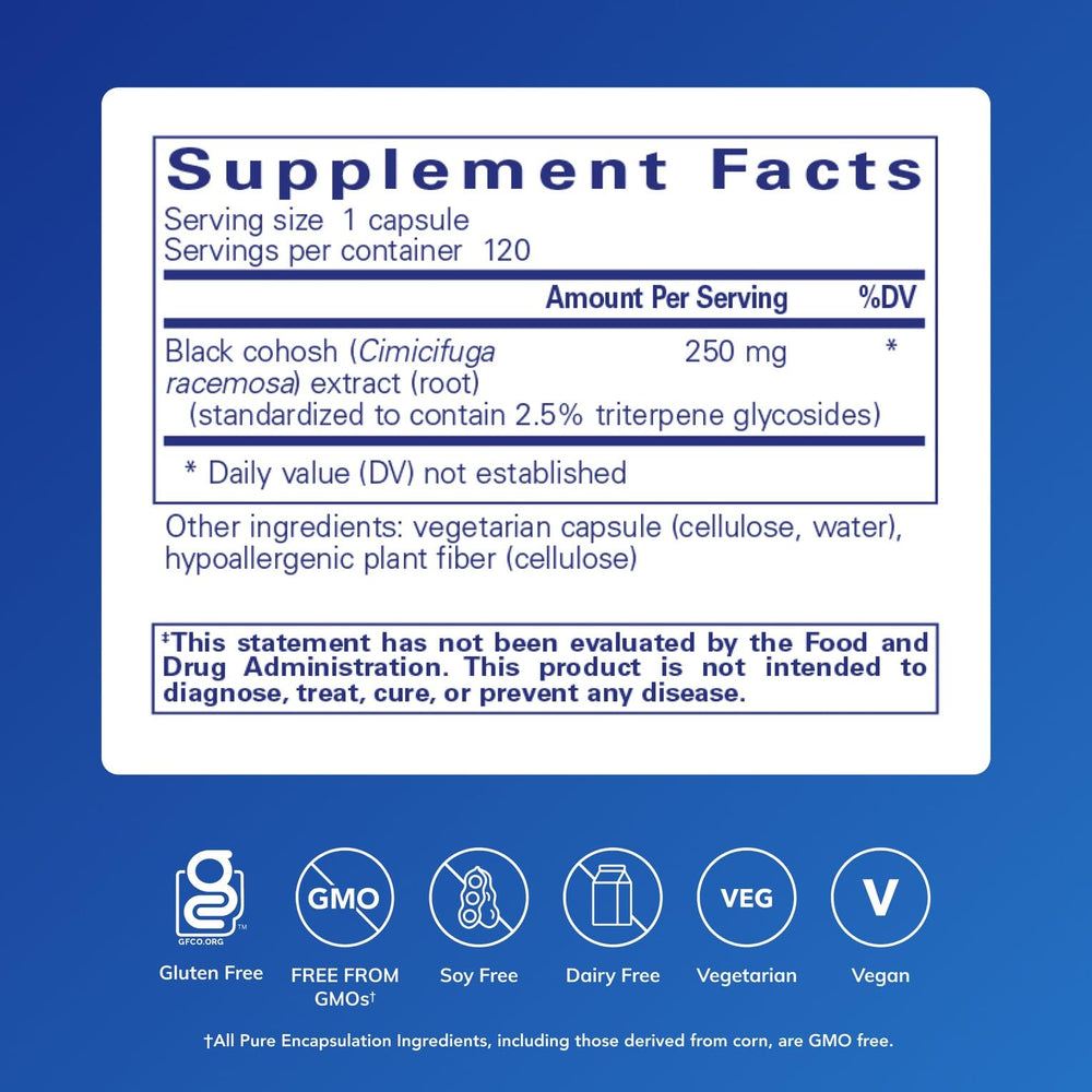 Pure Encapsulations Black Cohosh 2.5 bottle front highlights hypoallergenic, pure formulation