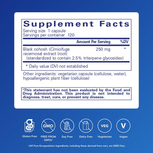 Pure Encapsulations Black Cohosh 2.5 bottle front highlights hypoallergenic, pure formulation