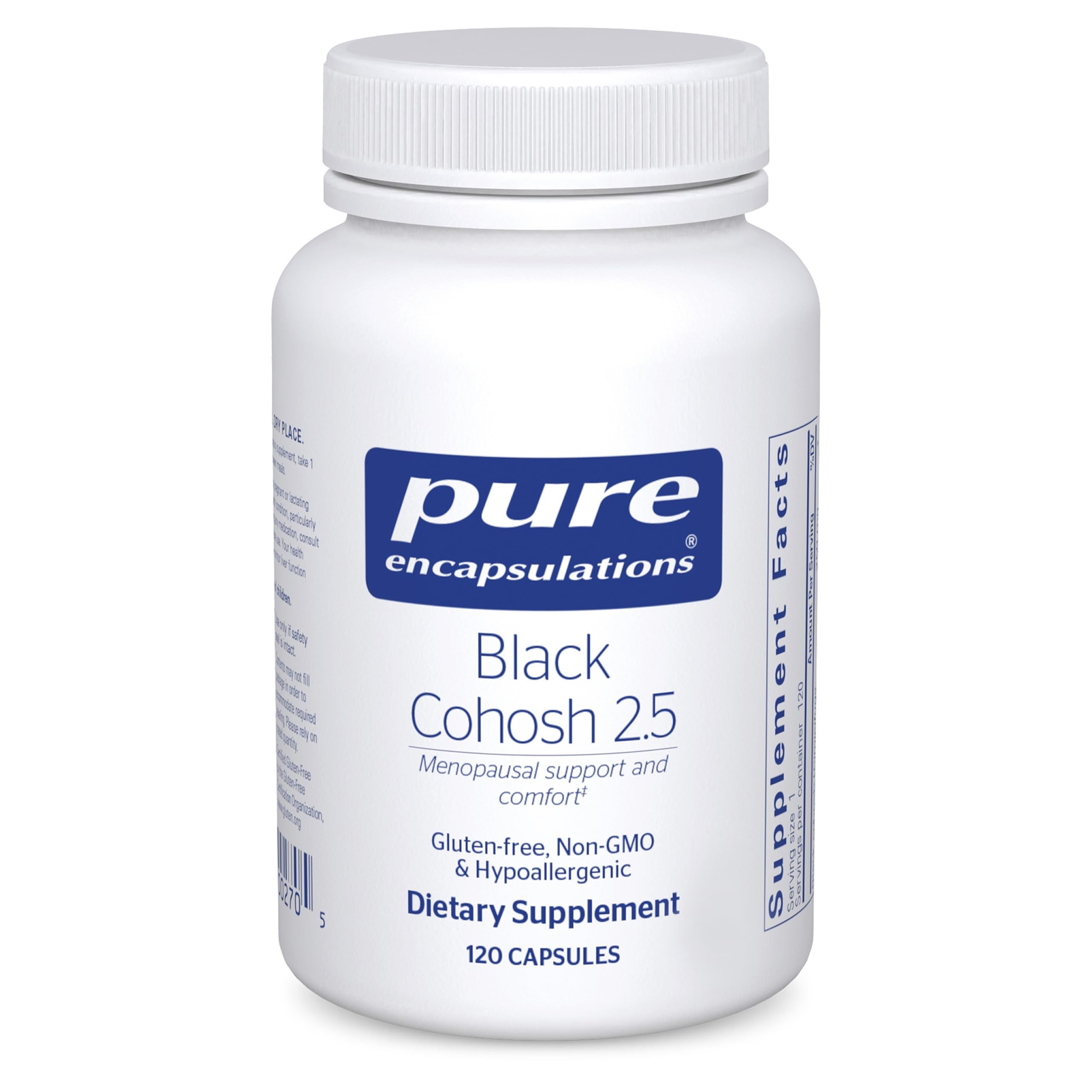 Pure Encapsulations Black Cohosh 2.5 bottle side view supports daily menopause comfort