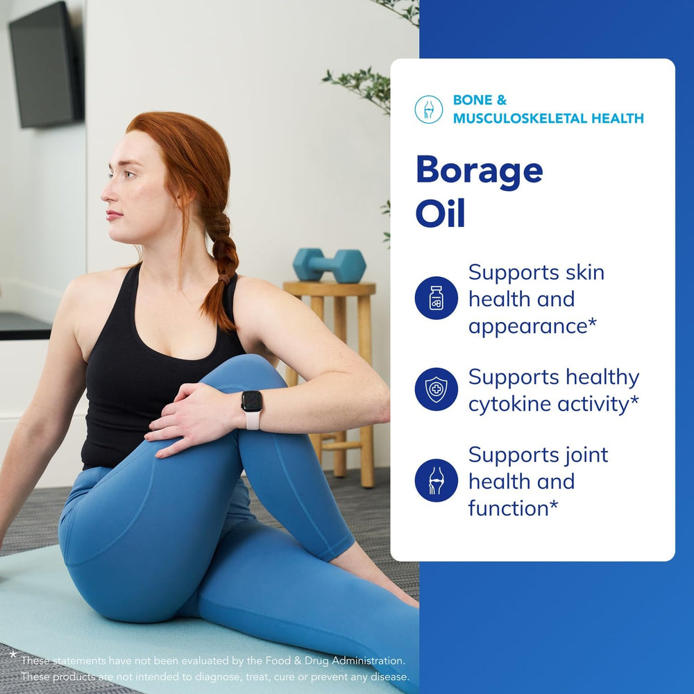 Pure Encapsulations Borage Oil pour image shows simple daily intake beside water.