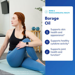 Pure Encapsulations Borage Oil pour image shows simple daily intake beside water.