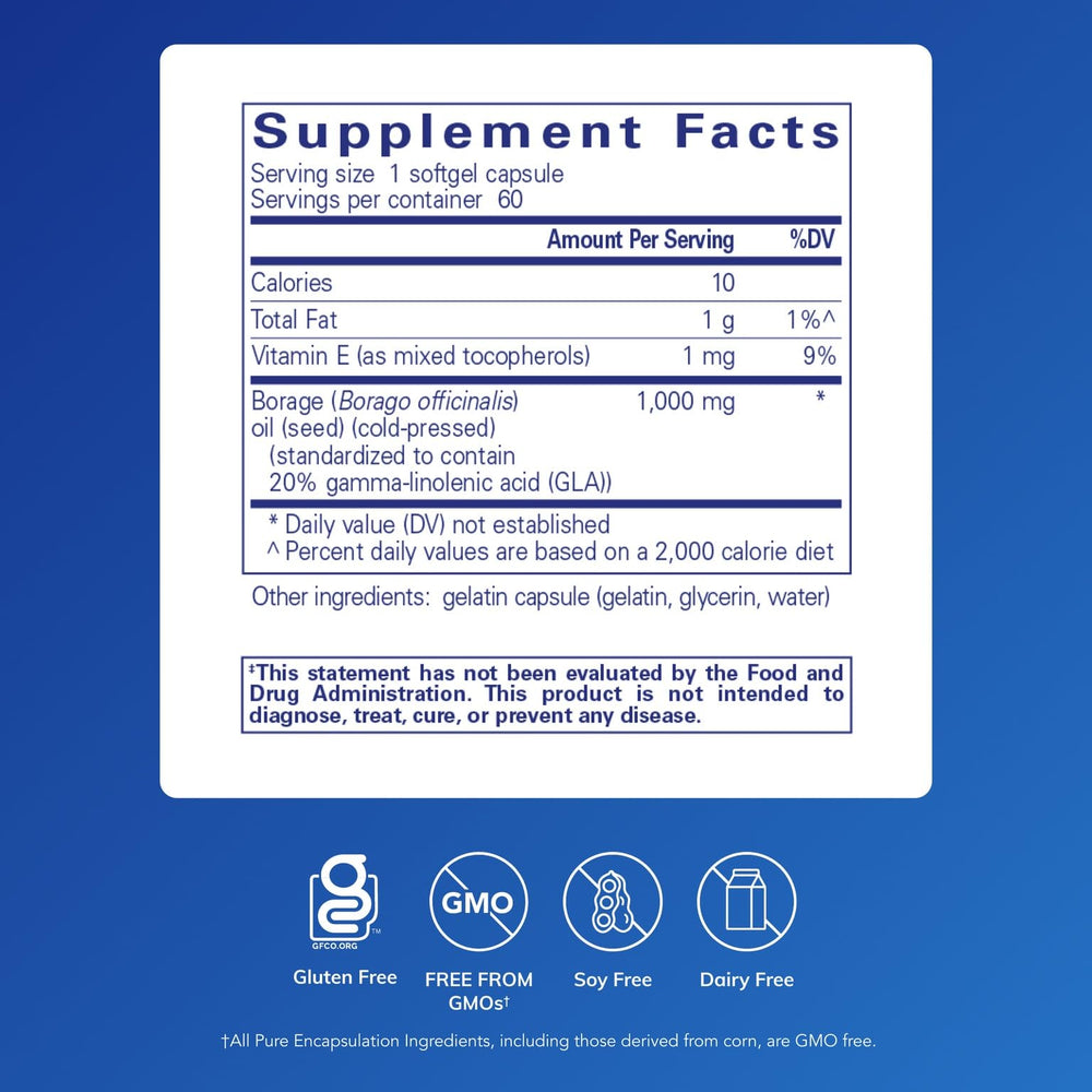Pure Encapsulations Borage Oil softgels closeup suggests easy daily capsules.