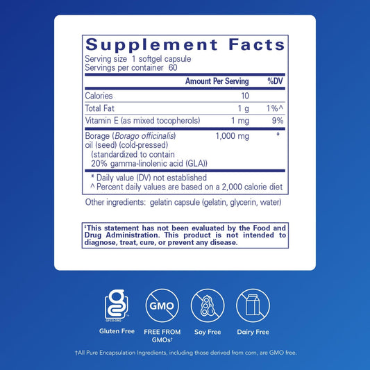 Pure Encapsulations Borage Oil softgels closeup suggests easy daily capsules.