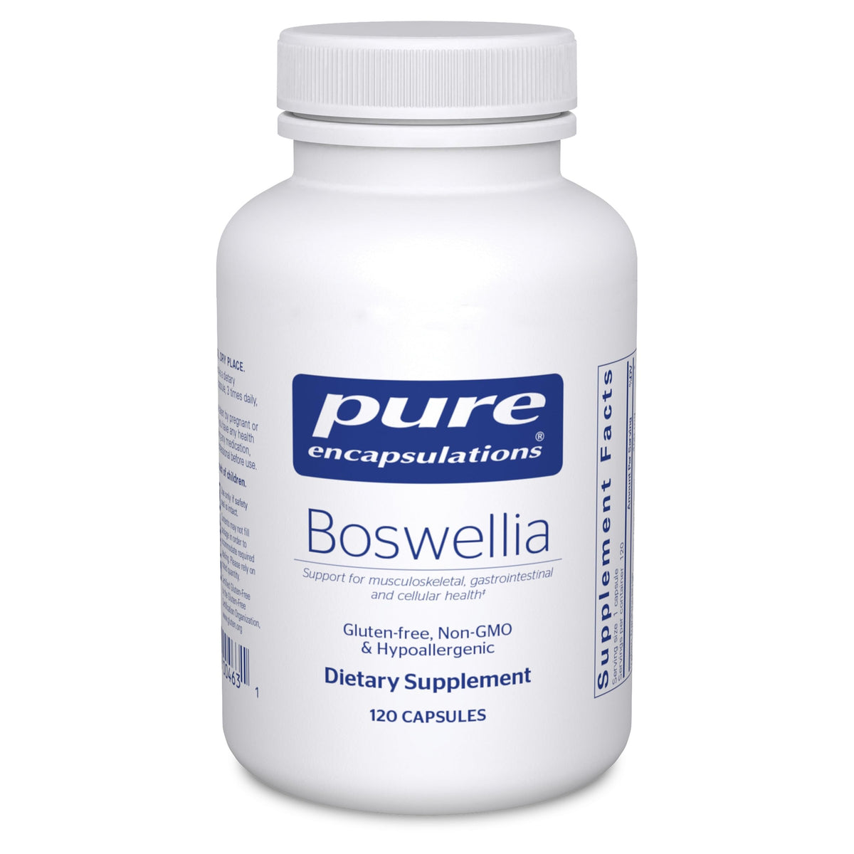Pure Encapsulations Boswellia bottle front highlights vegan formula for joint and digestive support.