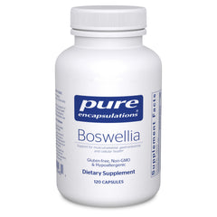 Pure Encapsulations Boswellia bottle front highlights vegan formula for joint and digestive support.