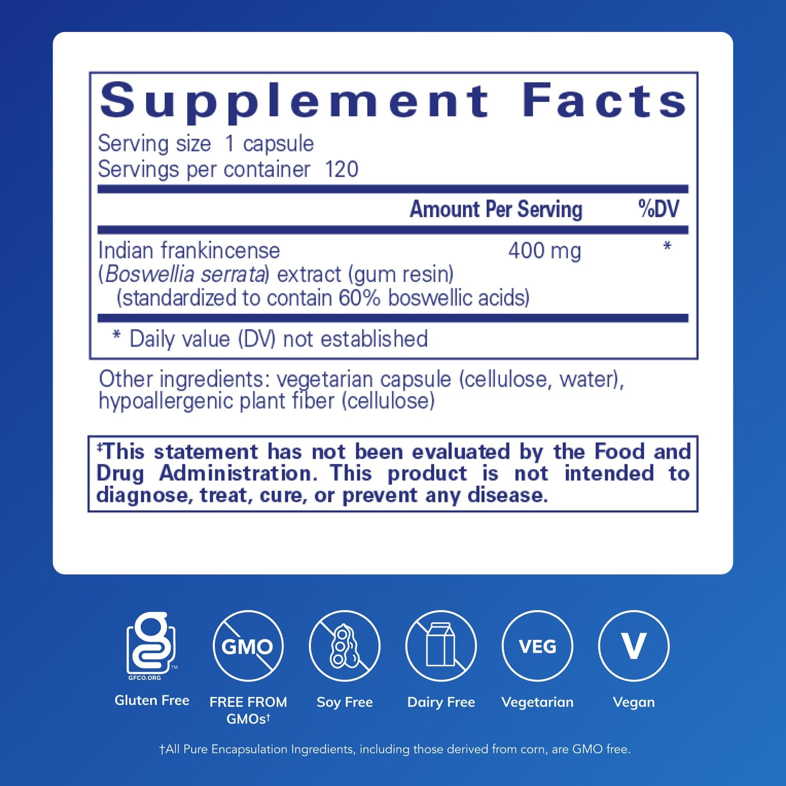 Pure Encapsulations Boswellia capsules closeup shows vegan non-GMO capsules for joint comfort.