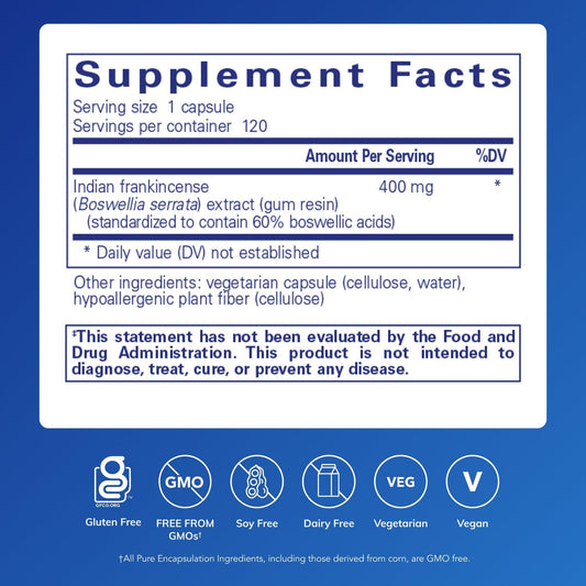 Pure Encapsulations Boswellia capsules closeup shows vegan non-GMO capsules for joint comfort.