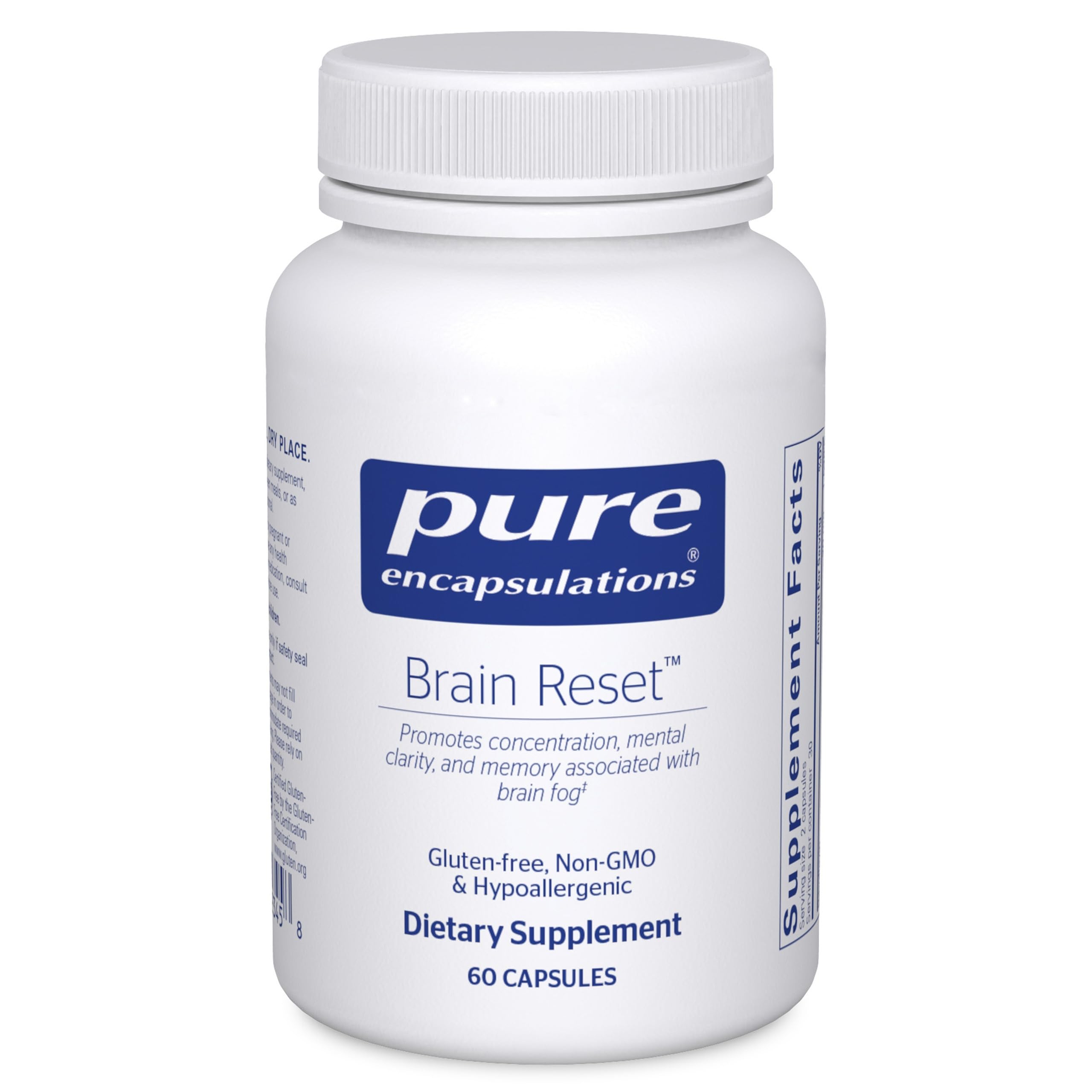 Pure Encapsulations Brain Reset bottle with capsules may support concentration.