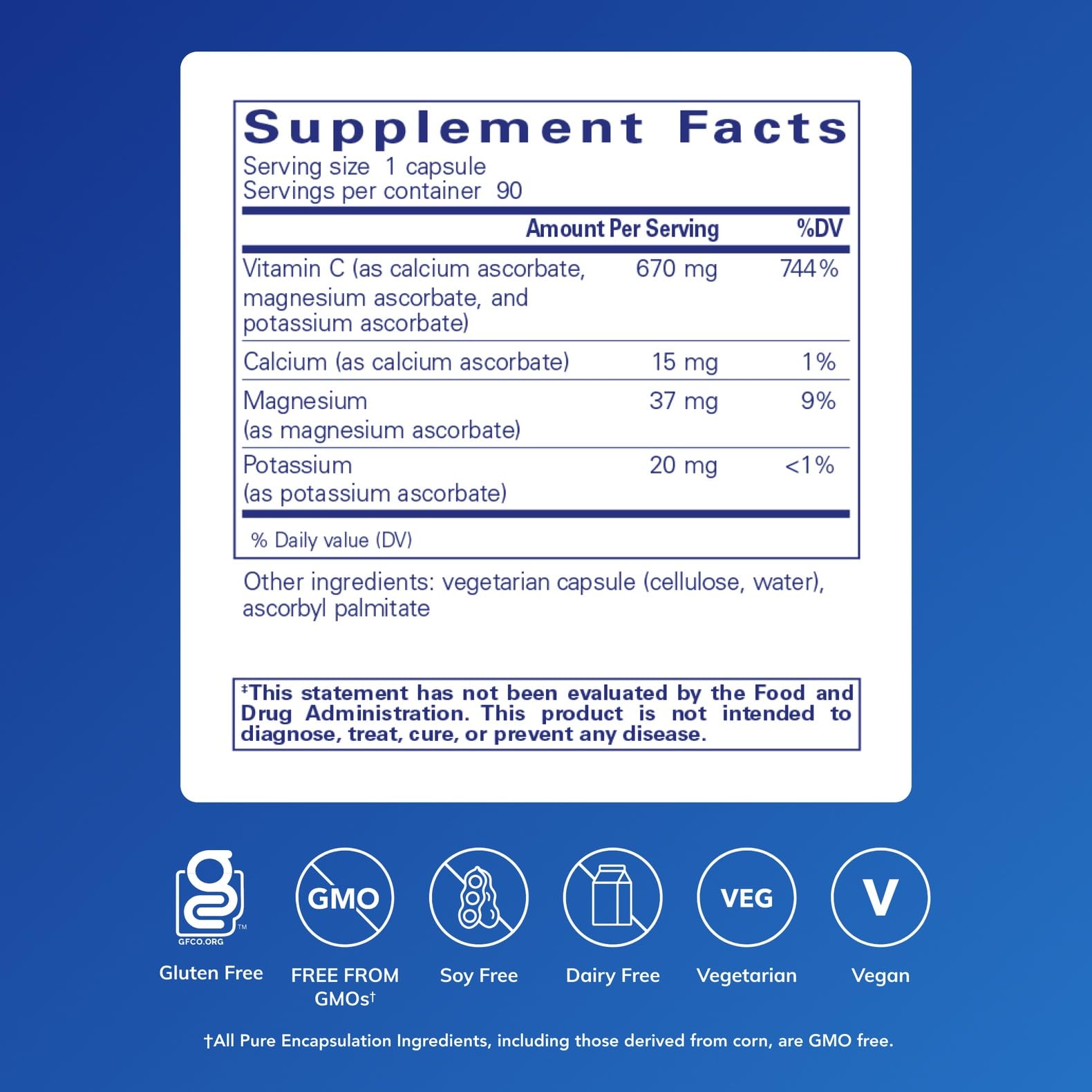 Pure Encapsulations Buffered Ascorbic Acid Capsules label highlights neutral pH, for sensitive users