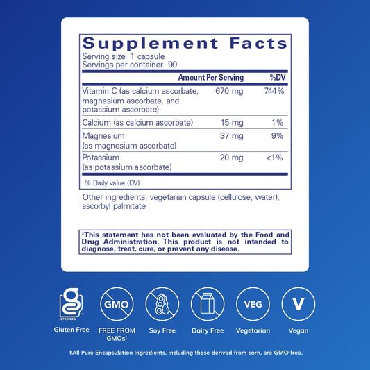 Pure Encapsulations Buffered Ascorbic Acid Capsules label highlights neutral pH, for sensitive users