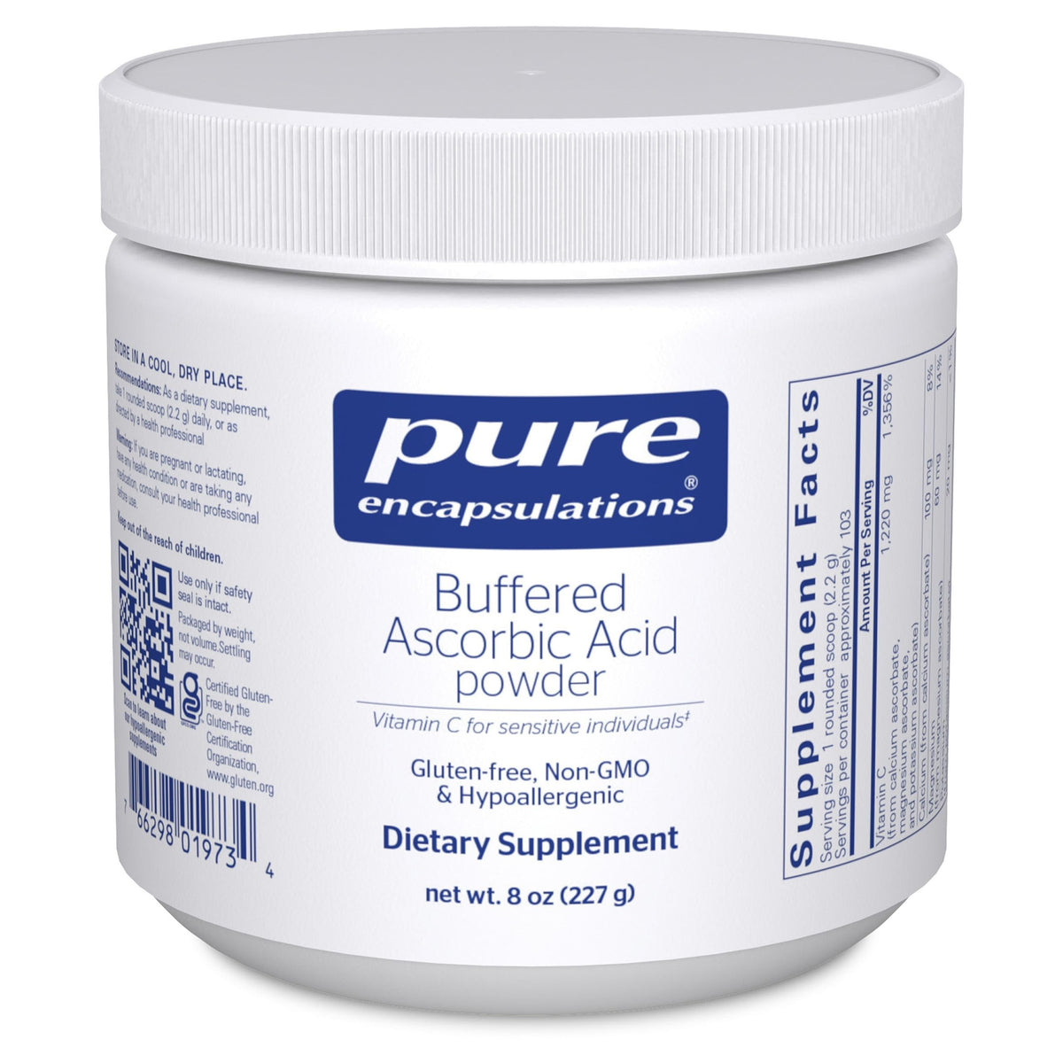 Pure Encapsulations buffered ascorbic acid powder bottle shown for gentle daily use.