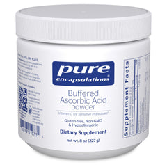 Pure Encapsulations buffered ascorbic acid powder bottle shown for gentle daily use.