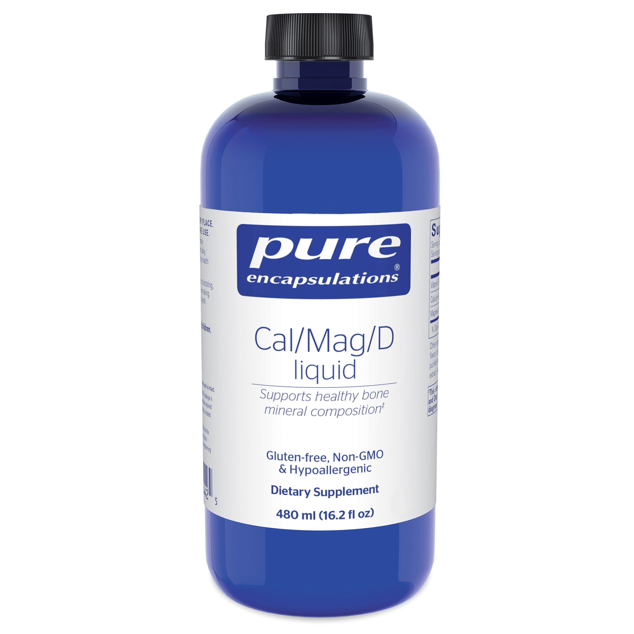 Pure Encapsulations Cal/Mag/D Liquid bottle front view supports daily bone and cardiovascular health.