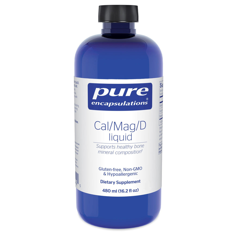 Pure Encapsulations Cal/Mag/D Liquid bottle front view supports daily bone and cardiovascular health.