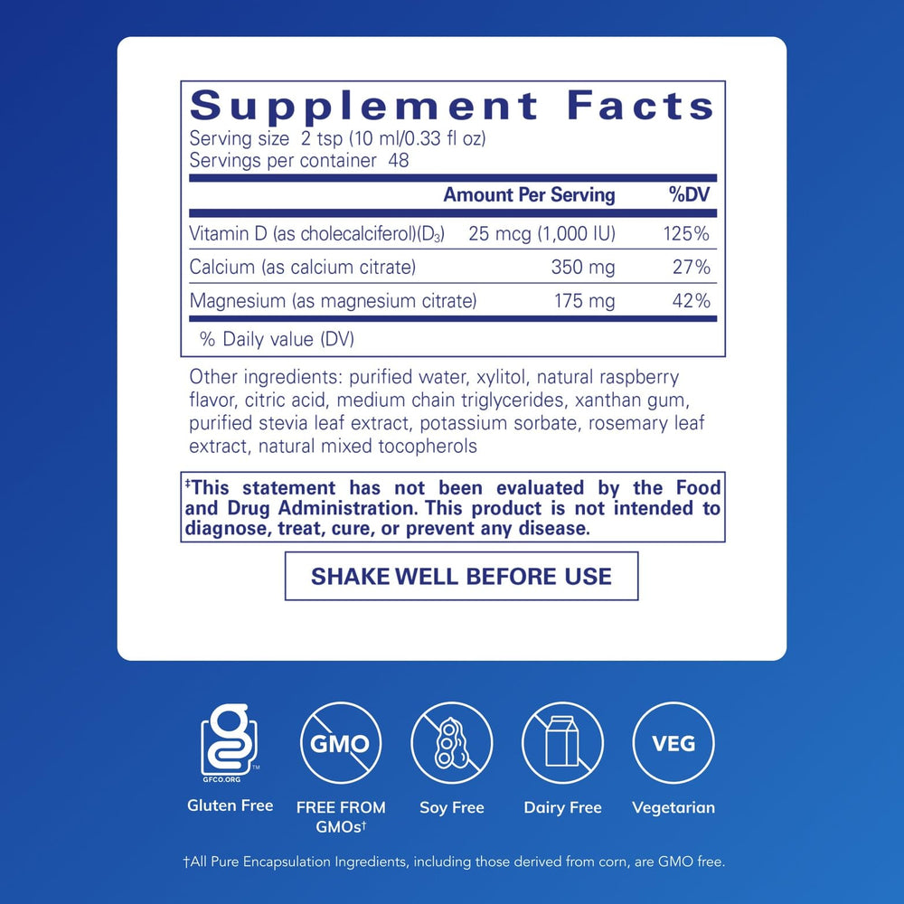 Pouring Pure Encapsulations Cal/Mag/D Liquid into a glass shows convenient daily dosing.