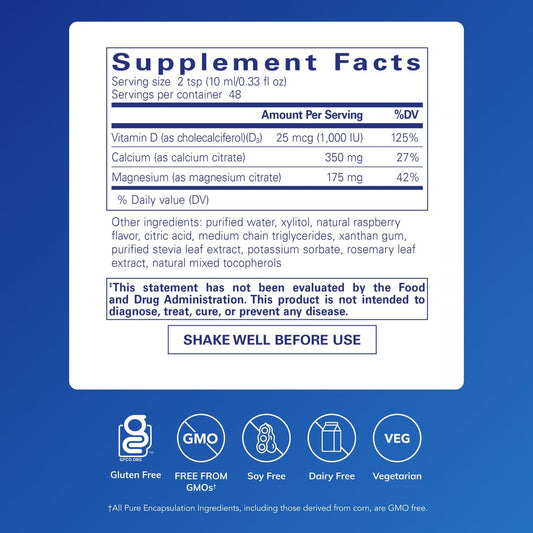 Pouring Pure Encapsulations Cal/Mag/D Liquid into a glass shows convenient daily dosing.