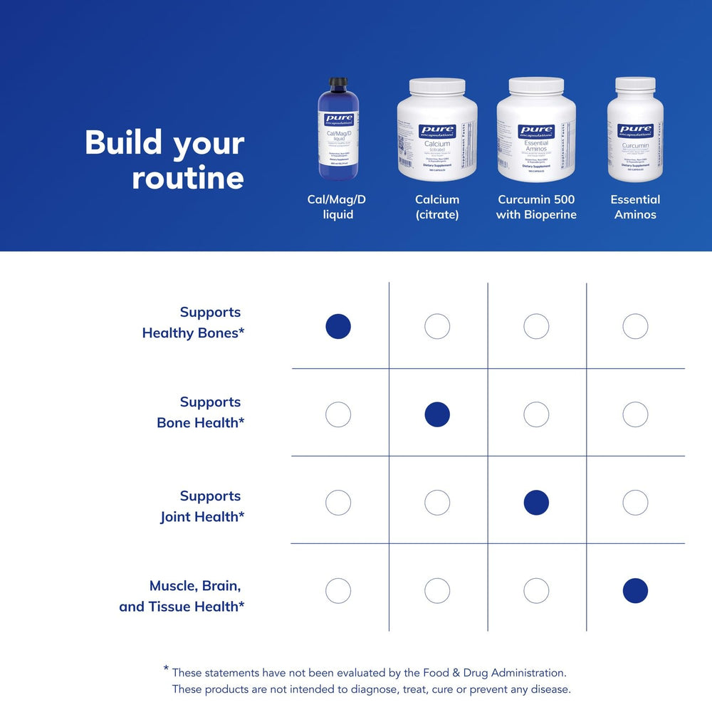 Pure Encapsulations Cal/Mag/D Liquid bottle on kitchen counter emphasizes purity and allergen-free formulation.