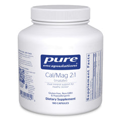 Pure Encapsulations Cal/Mag Malate bottle shows 2:1 ratio for bone-support potential.
