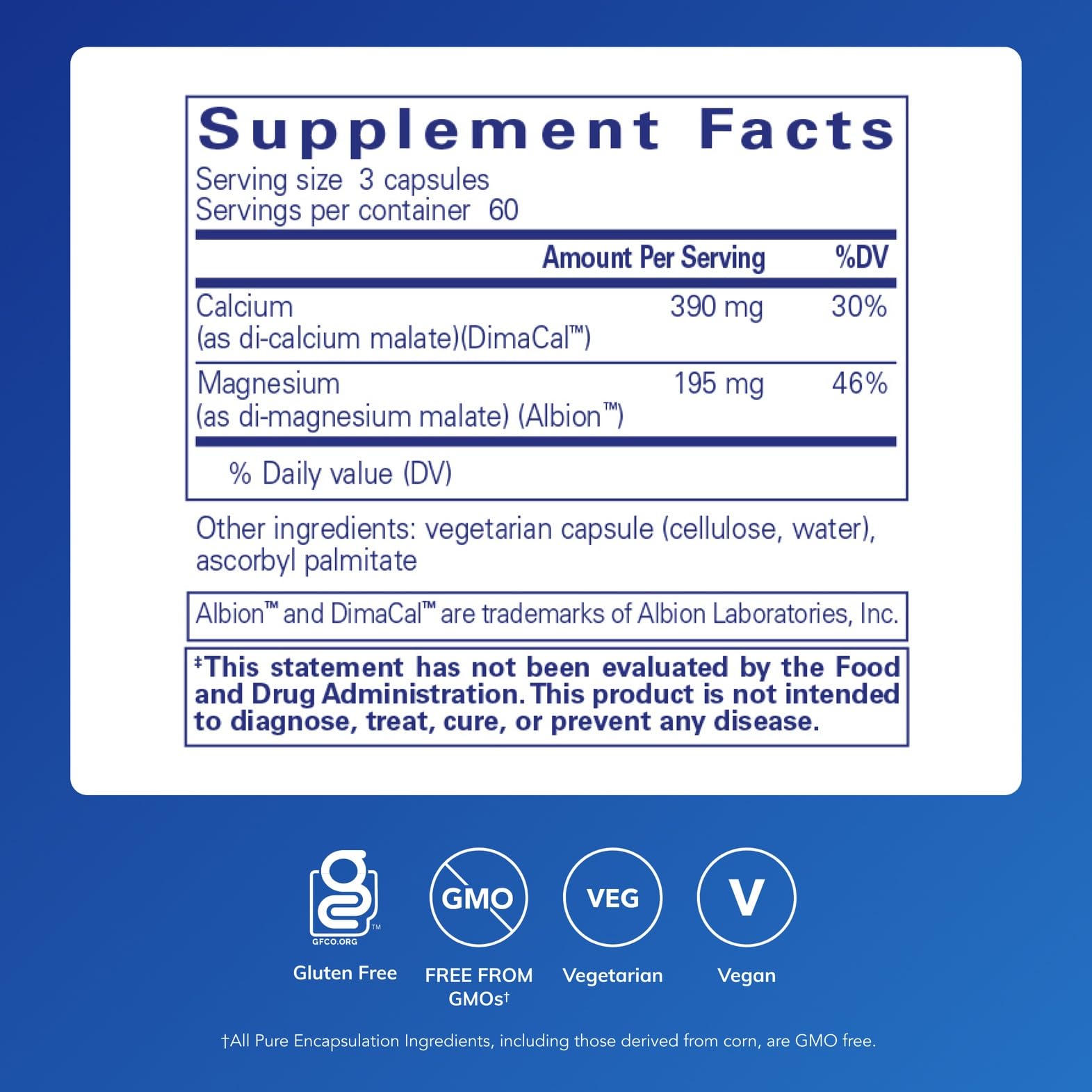 Cal/Mag Malate capsules close-up highlights vegan, gluten-free supplement option.