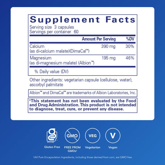 Cal/Mag Malate capsules close-up highlights vegan, gluten-free supplement option.
