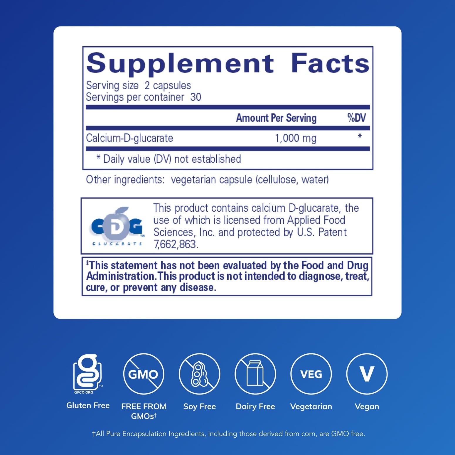 Pure Encapsulations Calcium-D-Glucarate label detail highlighting purity and quality