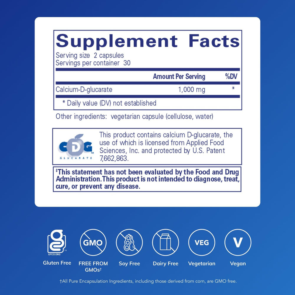 Pure Encapsulations Calcium-D-Glucarate label detail highlighting purity and quality