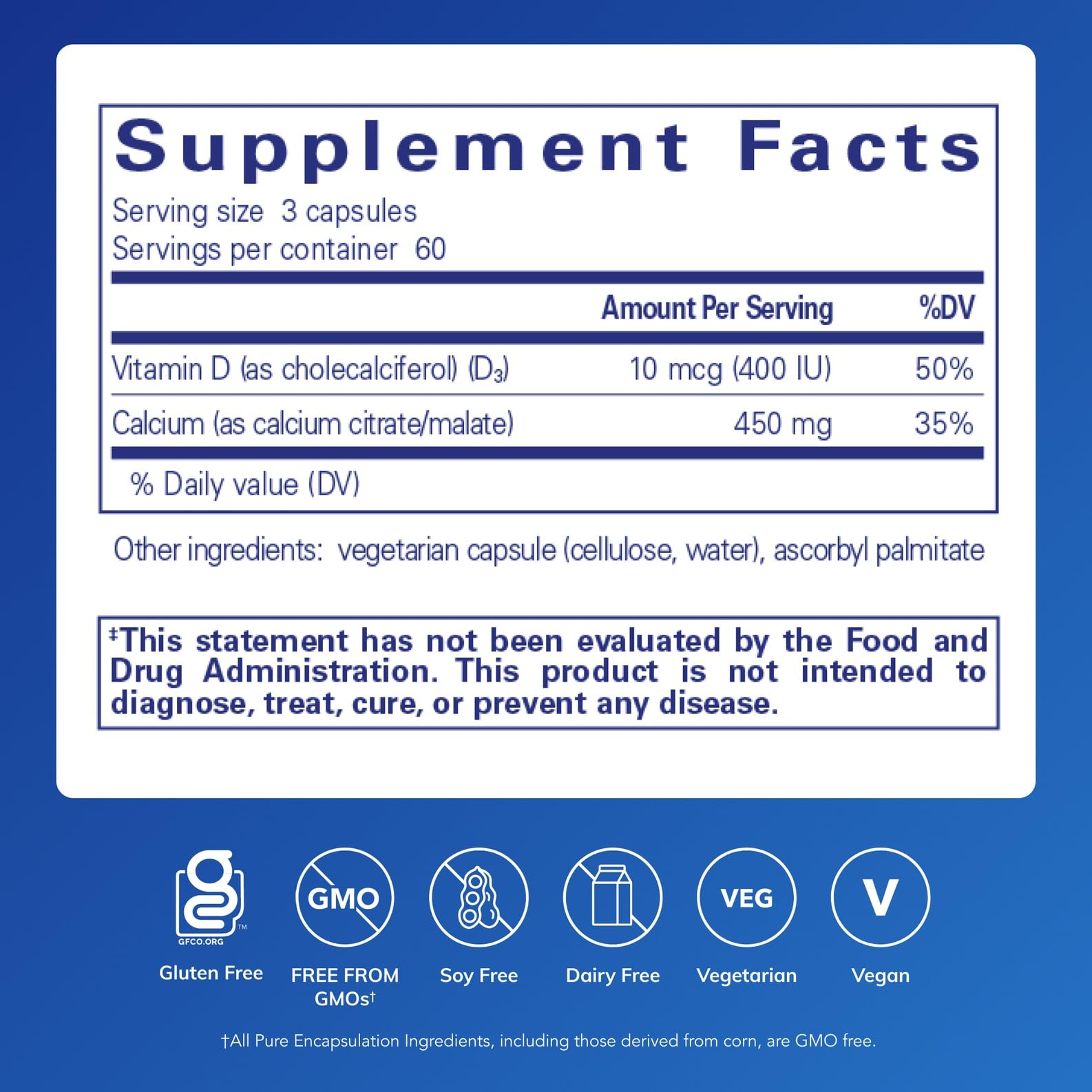 Pure Encapsulations Calcium with Vitamin D3 label closeup showing ingredients for bone health.