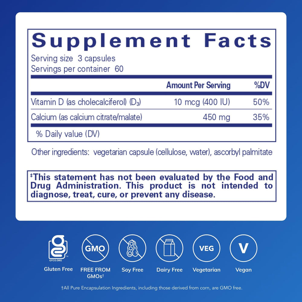 Pure Encapsulations Calcium with Vitamin D3 label closeup showing ingredients for bone health.