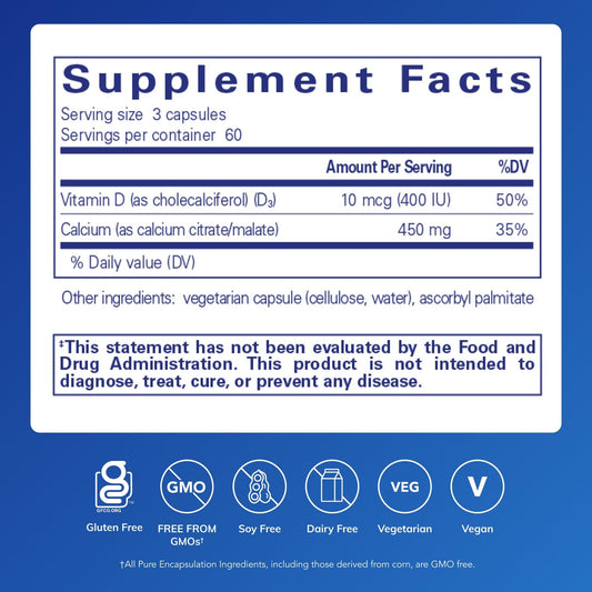 Pure Encapsulations Calcium with Vitamin D3 label closeup showing ingredients for bone health.