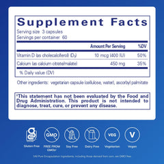 Pure Encapsulations Calcium with Vitamin D3 label closeup showing ingredients for bone health.