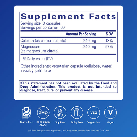 Pure Encapsulations Calcium Magnesium (Citrate) capsules shown for easy daily intake.