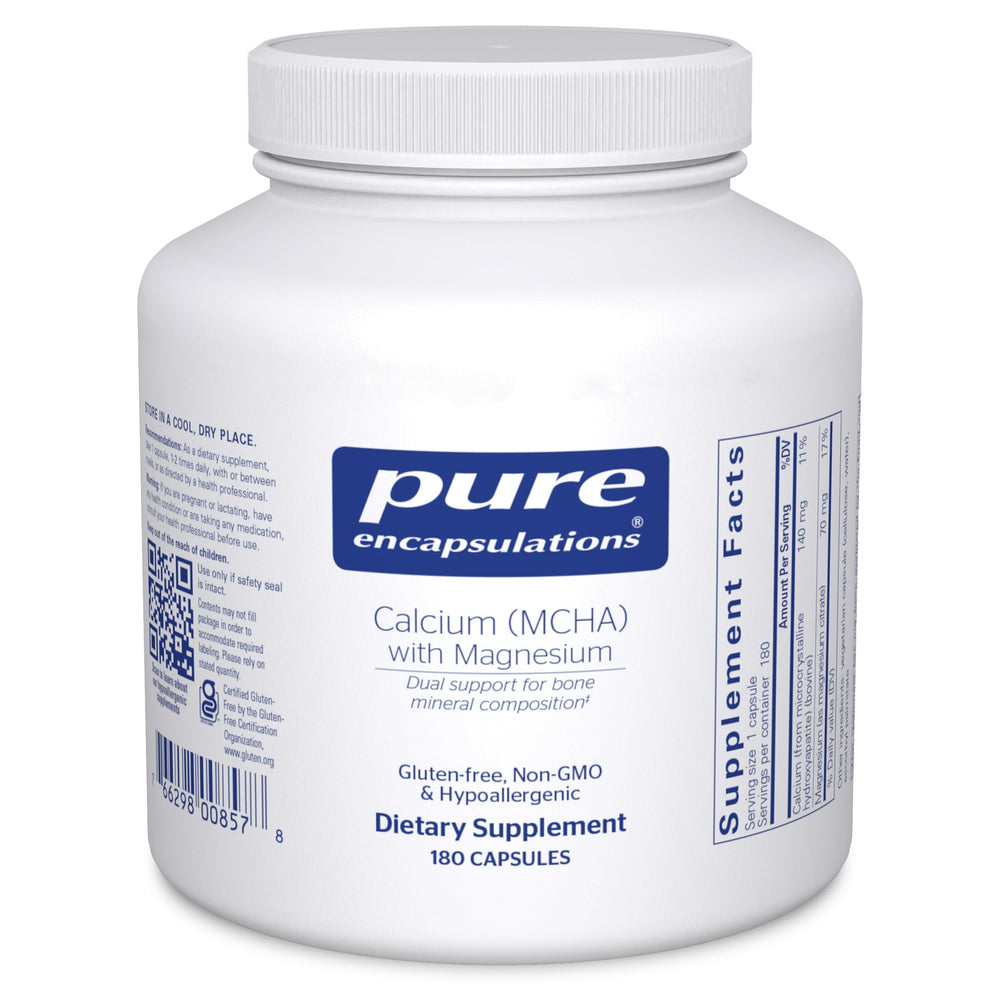 Pure Encapsulations Calcium MCHA with Magnesium bottle showcases a hypoallergenic bone support supplement.