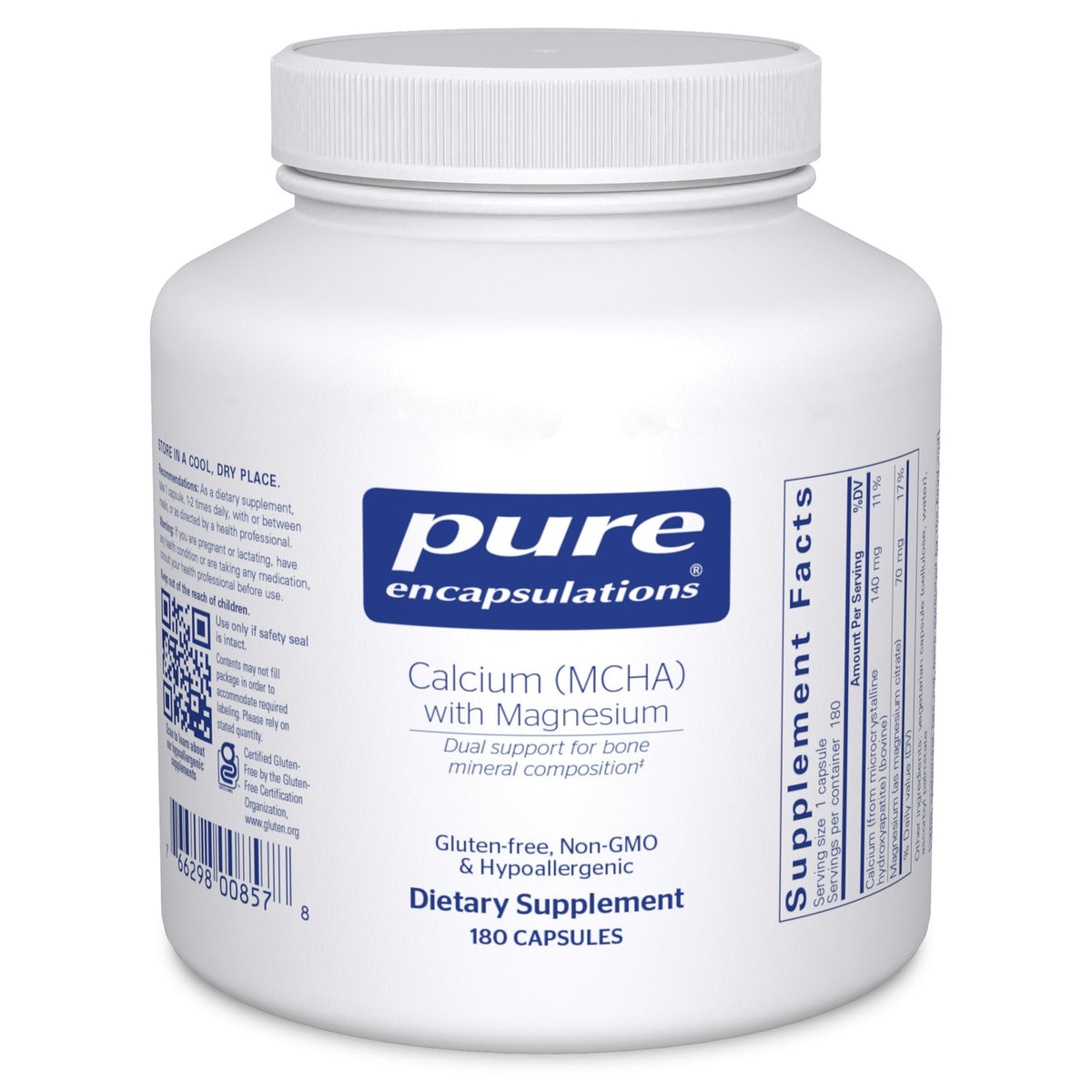 Pure Encapsulations Calcium MCHA with Magnesium bottle showcases a hypoallergenic bone support supplement.