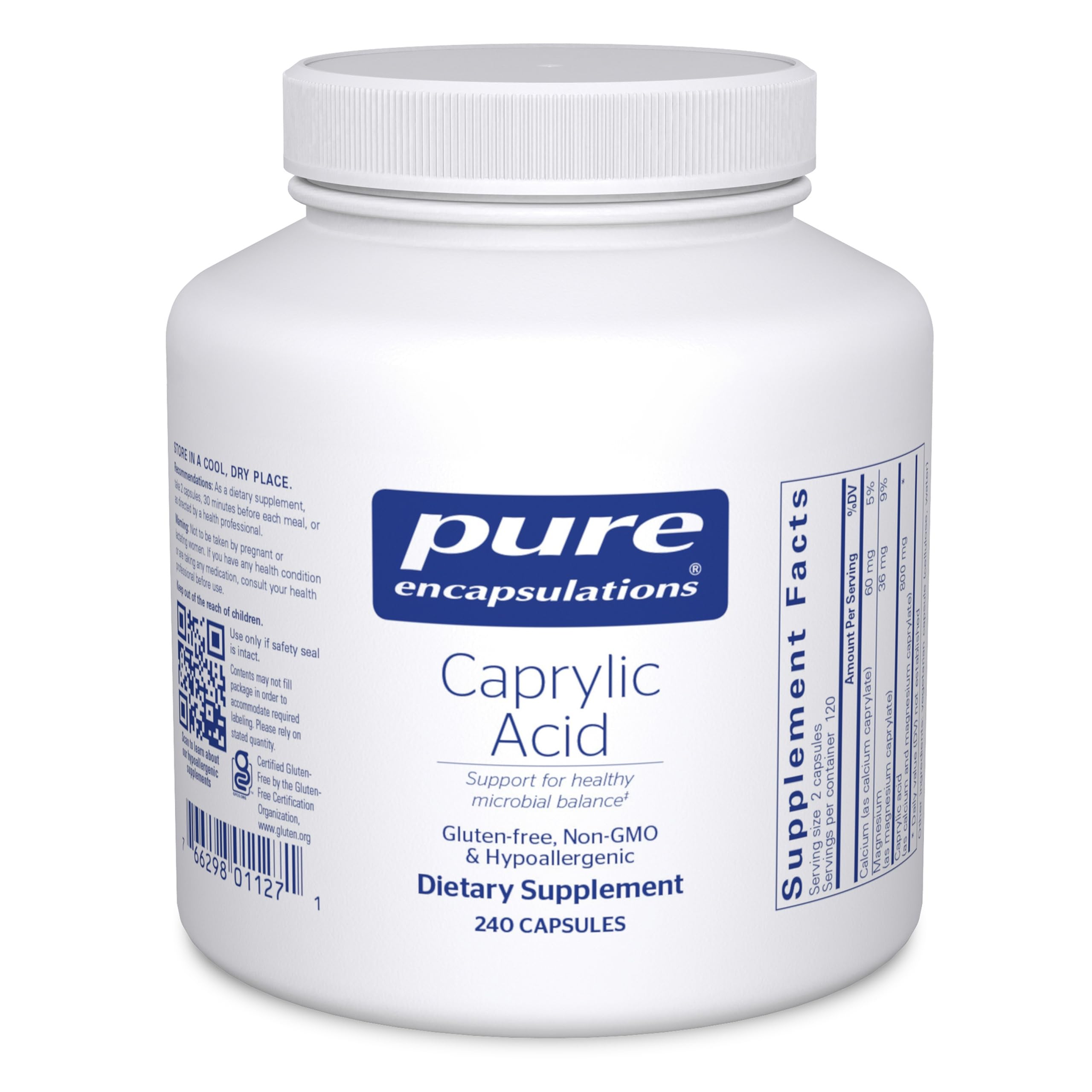Pure Encapsulations Caprylic Acid bottle front, promoting GI balance and daily digestive support.